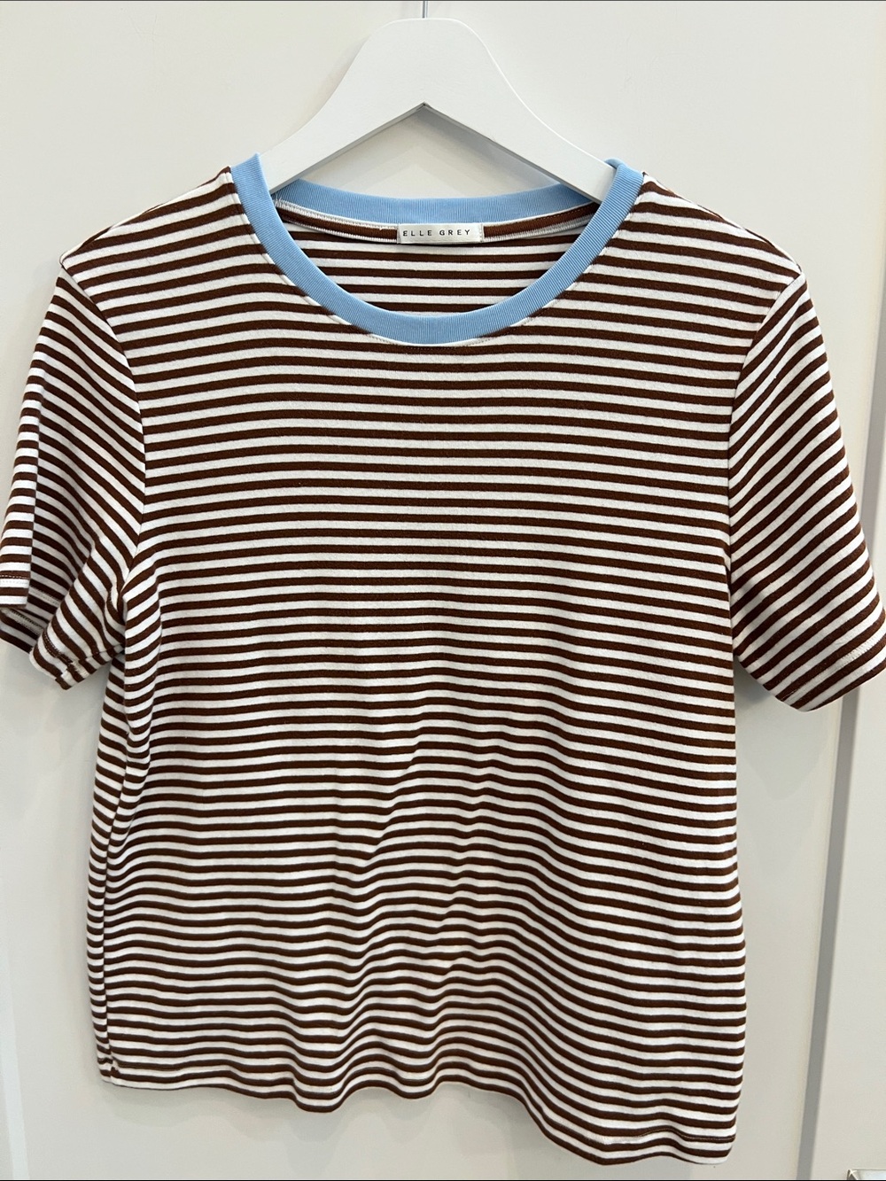 Elle Grey Brown & White Striped Tee with Light Blue Neckline